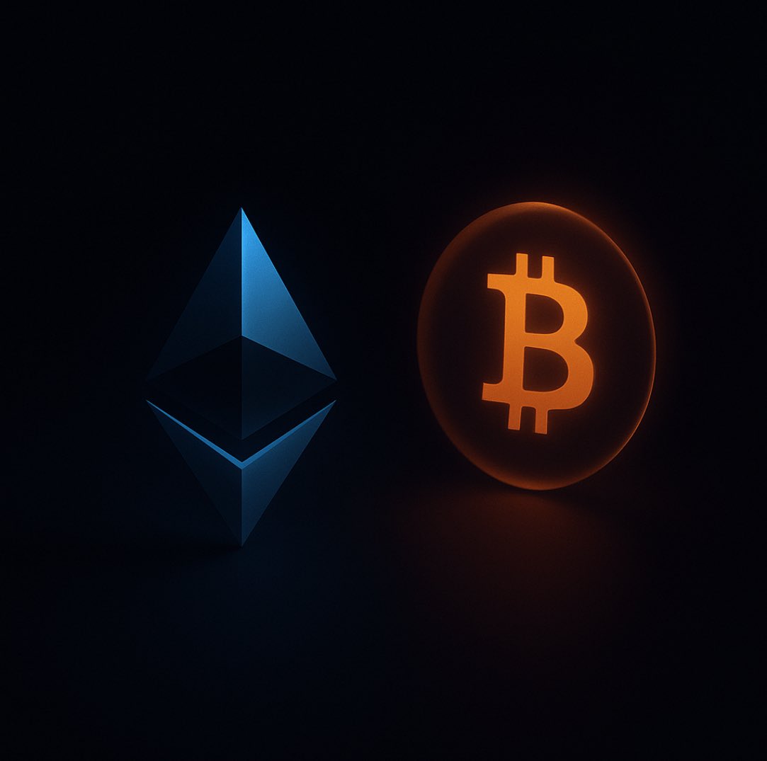 暗い背景に並ぶEthereumとBitcoinのロゴ