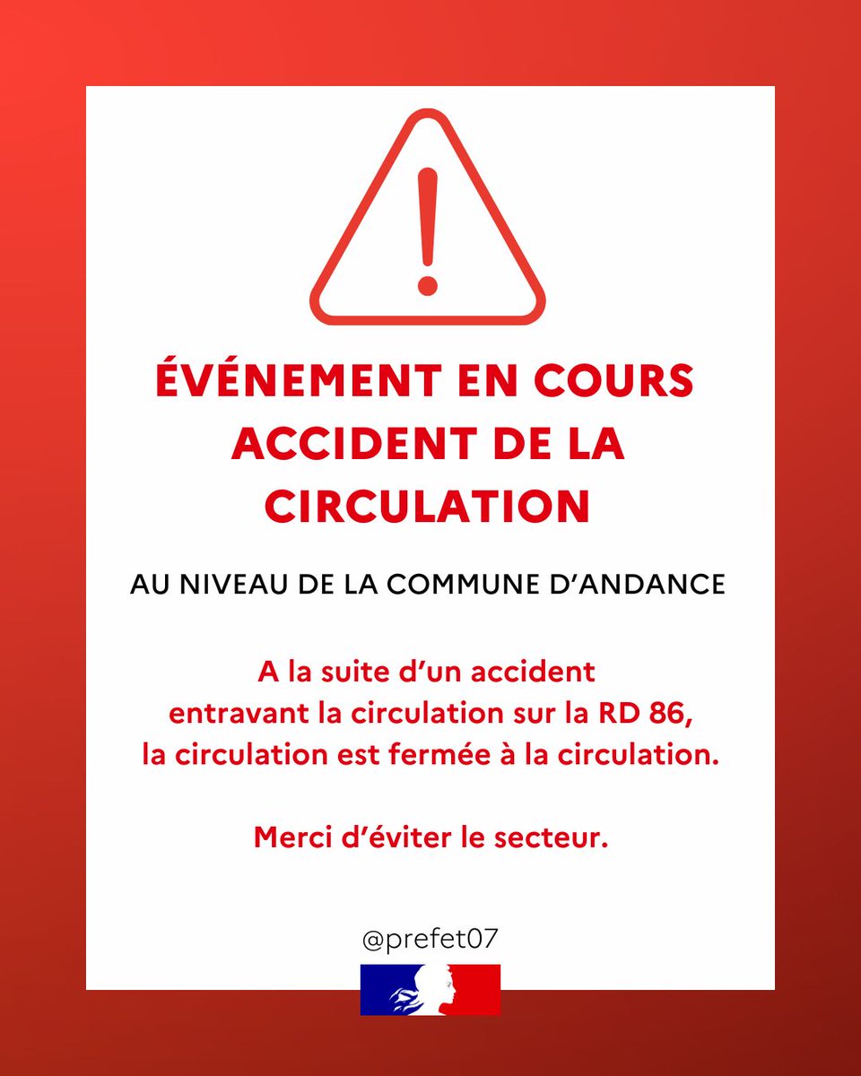 Image de Préfète de l'Ardèche - #InfoTrafic | Coupure de la circulation sur la RD 86 au niveau de la commune d'Andance.

⚠️ A la sui