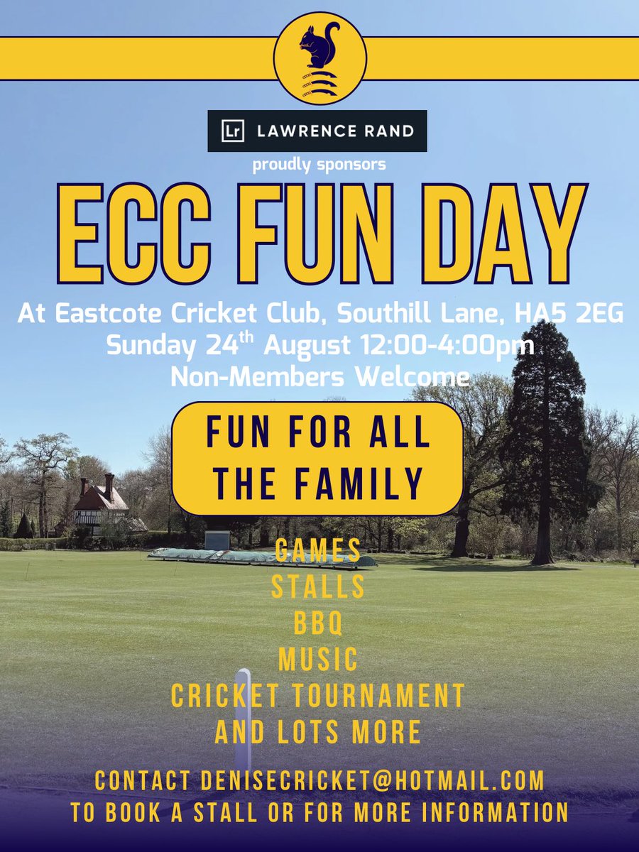 Fun Day 😄

Save the date for Sunday 24th August for our annual ECC Fun Day 🤪

A day full of fun, food, drinks, games, cricket and more, it’s perfect for all the family 🥰

#eastcotecc #squirrels #upthesquirrels #ecc #funday #eastcote #eccfunday