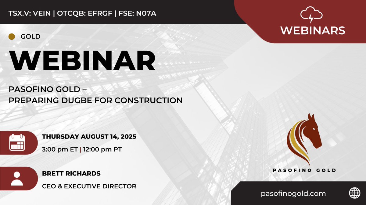 Red Cloud FS (@redcloudfs) on Twitter photo .<a href="/PasofinoGolden/">Pasofino Gold</a> is working toward Dugbe project financing in Q4 2025 and expects to make a construction decision and project financing in Q2 2026!
Learn more in today's 3pm ET | 12pm PT webinar with CEO, Brett Richards & @Redcloudfs: ow.ly/vr0g50WCcUj
$VEIN $EFRGF .<a href="/PasofinoGolden/">Pasofino Gold</a> is working toward Dugbe project financing in Q4 2025 and expects to make a construction decision and project financing in Q2 2026!
Learn more in today's 3pm ET | 12pm PT webinar with CEO, Brett Richards & @Redcloudfs: ow.ly/vr0g50WCcUj
$VEIN $EFRGF