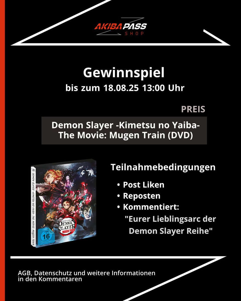 Wir verlosen Demon Slayer -Kimetsu no Yaiba- The Movie: Mugen Train!🚂🔥
Mach mit und sichere dir dieses Meisterwerk voller Action, Emotionen und atemberaubender Animationen! 

Die Gewinnspielbedingungen und AGBs sind im Bild und in den Kommentaren.
