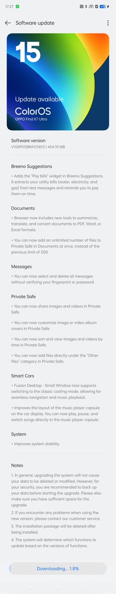 behnke_lars's tweet photo. Surprise OTA update for the #OPPO #FindX7Ultra, updating the #ColorOS15 software version to V100P01(BRA1CN01). The changelog doesn't mention any camera updates though. https://t.co/KtCPhTvcQa