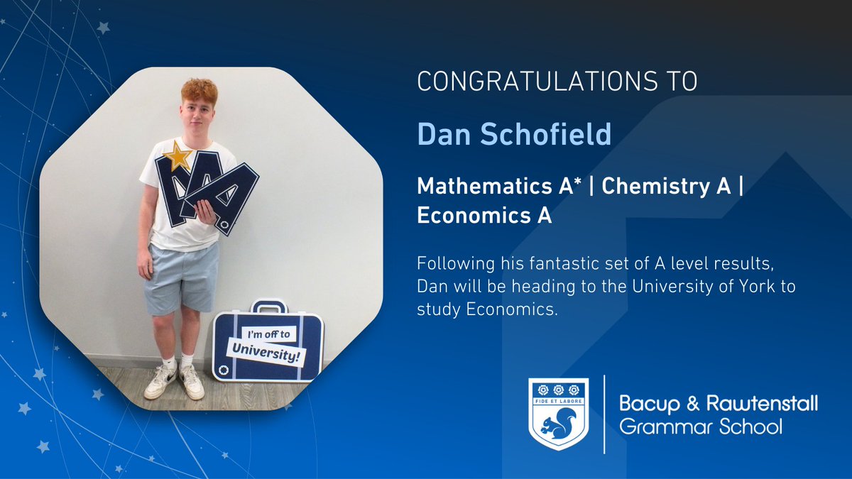 BRGS_1701's tweet image. Congratulations to Dan Schofield for earning a place at @UniOfYork after achieving an A* in Mathematics and As in Chemistry and Economics.

#Alevels #ResultsDay #WeAreStar