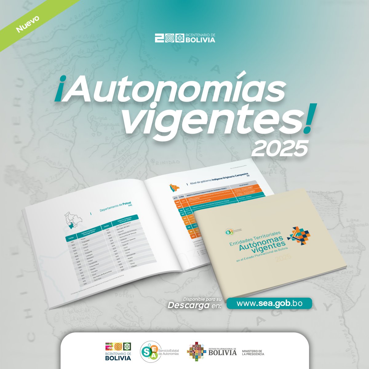📢Consulta el documento actualizado con todas las Entidades Territoriales Autónomas vigentes en Bolivia 2025.
Información clara, verificada y organizada por niveles de gobierno para que estés al día con la realidad autonómica.
📥sea.gob.bo/documentos-ins…

#BicentenarioBolivia