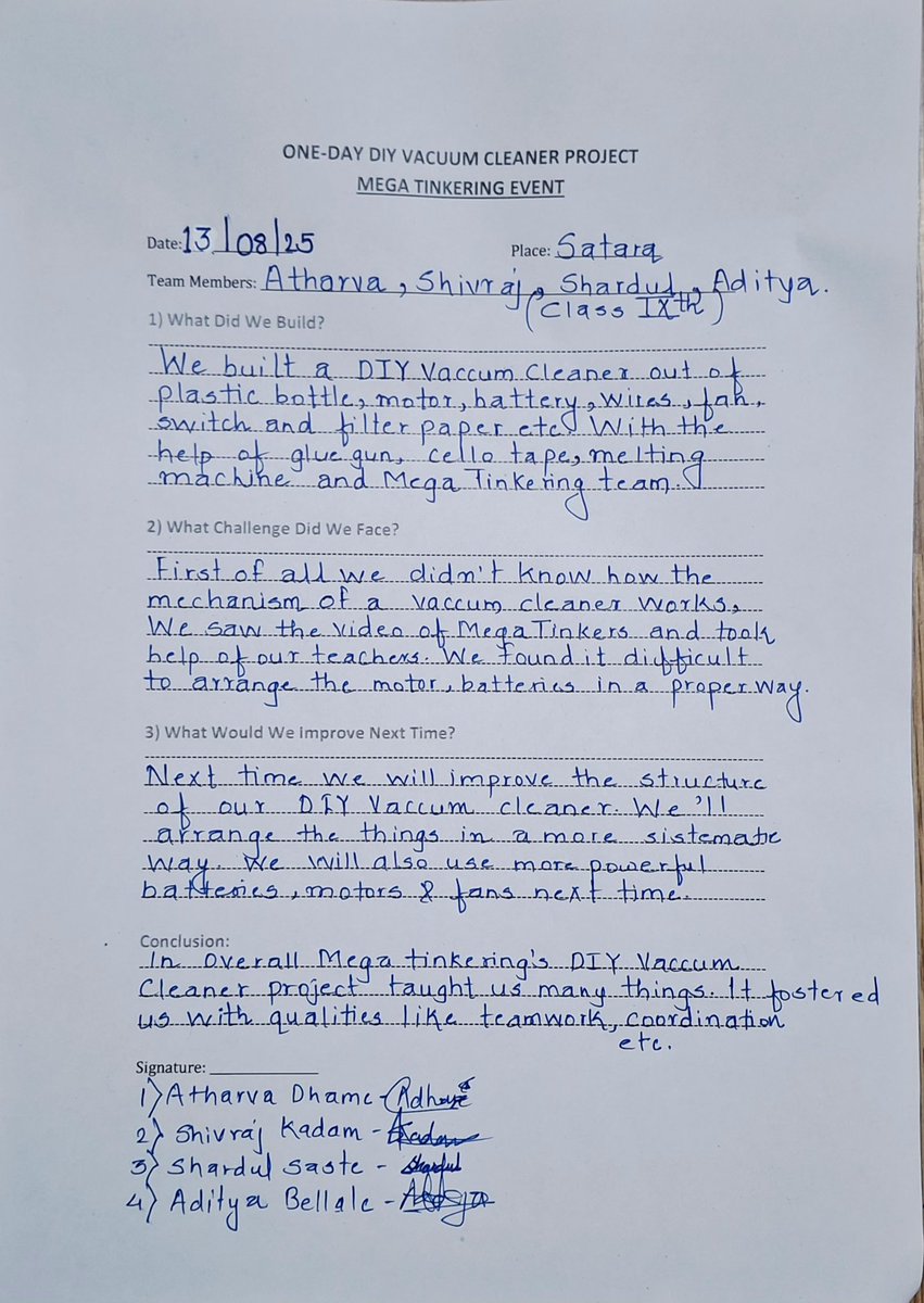 Shiv_Gouri's tweet image. &quot;Hands made the vacuum, minds wrote the story—Mega Tinkering Day lives on in our cadets’ journals! 🛠✍️ #ATLReflections  #MegaTinkeringDay #WhatWeBuilt #MTD2025