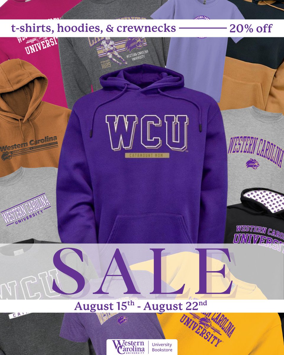 WCUbookstore's tweet photo. 🚨 BACK-TO-SCHOOL SALE ALERT! 🚨

WCU t-shirts, hoodies, and crewnecks are 20% off from August 15–22!

Swing by the WCU Bookstore and stock up on your favorite gear before the semester starts! 🐾📚

#ShopWCU #WCUBookstore #Catamounts #BacktoSchool #FallSemester #ShopNow https://t.co/qpwsmjSciF