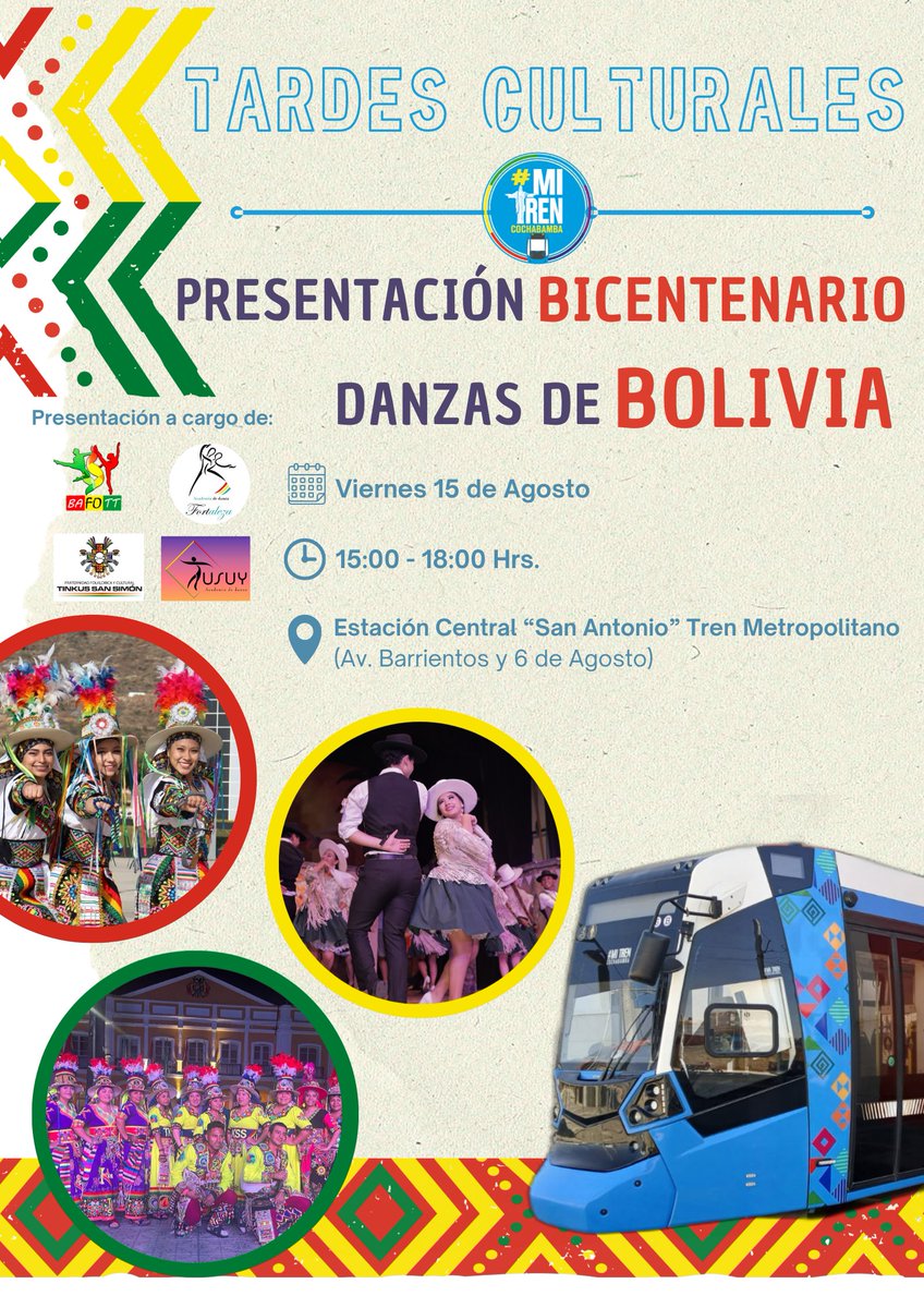 ¡La cuenta regresiva ha comenzado! 🇧🇴
Este viernes 15 de agosto, te esperamos en la Tarde Cultural por el Bicentenario de Bolivia,
🕒 Hora: 15:00 - 18:00 Hrs
🚉 Lugar: Estación Central "San Antonio" del Tren Metropolitano (Av. Barrientos y 6 de Agosto)