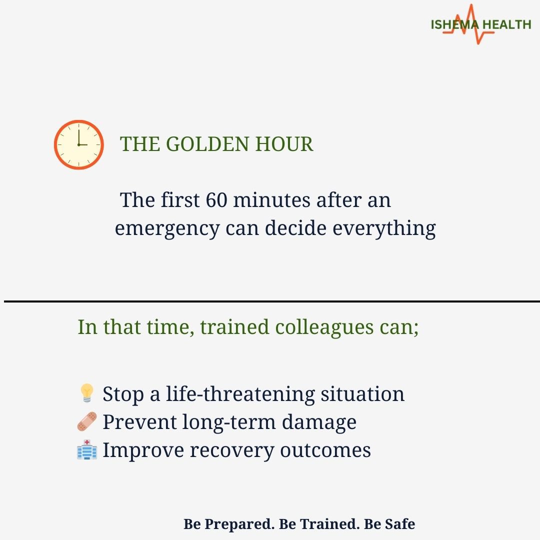Ishemahealth's tweet photo. In an emergency, the clock is ticking.
quick, trained action in the first hour can Save a life and speed up recovery

🚫 Don’t leave it to chance.
✅ Equip your team with the skills to act before help
#GoldenHour #FirstAidAtWork #WorkplaceSafety #IshemaHealth #TrainToSaveLives https://t.co/AWrOCujbc2
