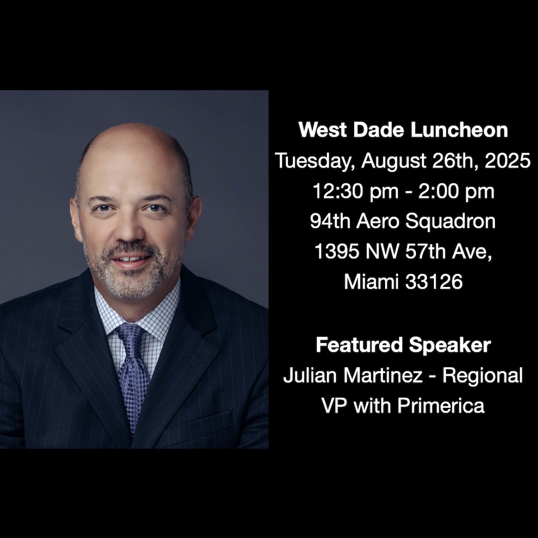 The CBMC West Dade Lunch is on Tues, 8/26, 12:30–2PM. Connect with other professionals and business leaders at the 94th Aero Squadron Restaurant, 1395 NW 57th Ave, Miami. Speaker: Julian Martinez - Regional Vice President with Primerica
Register: events.cbmc.com/register/west-…