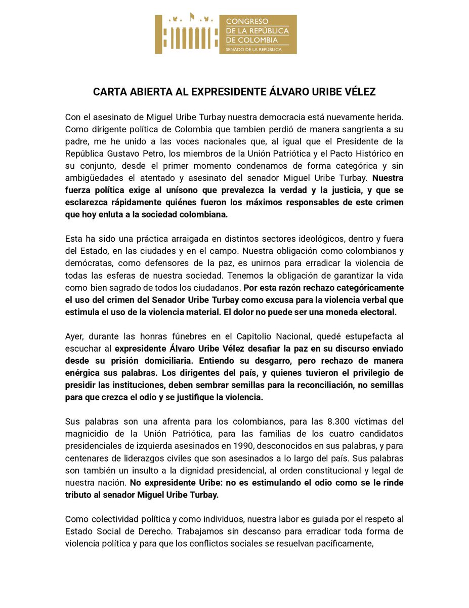 PizarroMariaJo's tweet photo. Carta abierta al expresidente Álvaro Uribe Vélez

Rechazo categóricamente su discurso leído en las honras fúnebres del senador Miguel Uribe Turbay. Quienes tuvieron el privilegio de presidir las instituciones, deben sembrar semillas para la reconciliación, no para perpetuar el odio y justificar la violencia.