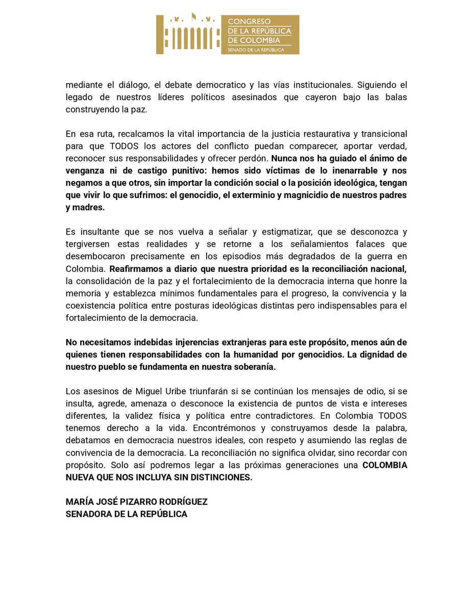 Carta abierta al expresidente Álvaro Uribe Vélez

Rechazo categóricamente su discurso leído en las honras fúnebres del senador Miguel Uribe Turbay. Quienes tuvieron el privilegio de presidir las instituciones, deben sembrar semillas para la reconciliación, no para perpetuar el