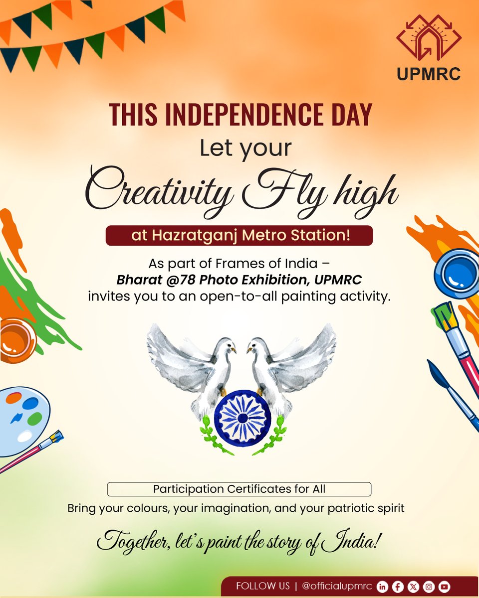 OfficialUPMetro's tweet image. A celebration of art, freedom, and unity! 

Join us for an #IndependenceDay painting activity as part of Frames of India – Bharat @78.  

#UPMRC #FramesOfIndia #BharatAt78 #HazratganjMetro #IndependenceDayCelebration
