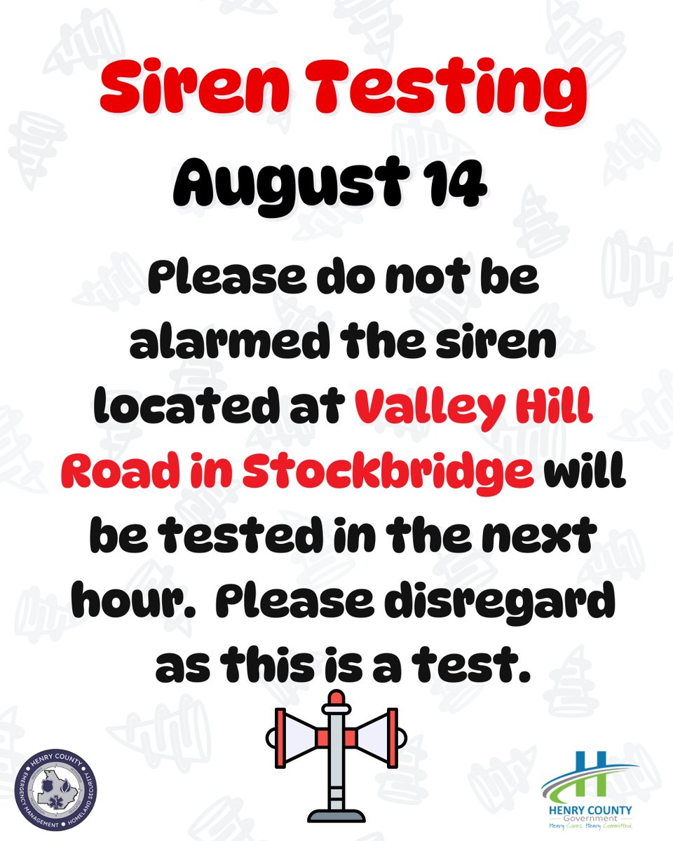 🚨 Siren Test Alert 🚨
Please do not be alarmed — the siren located on Valley Hill Road in Stockbridge will be tested within the next hour. This is only a test. Please disregard