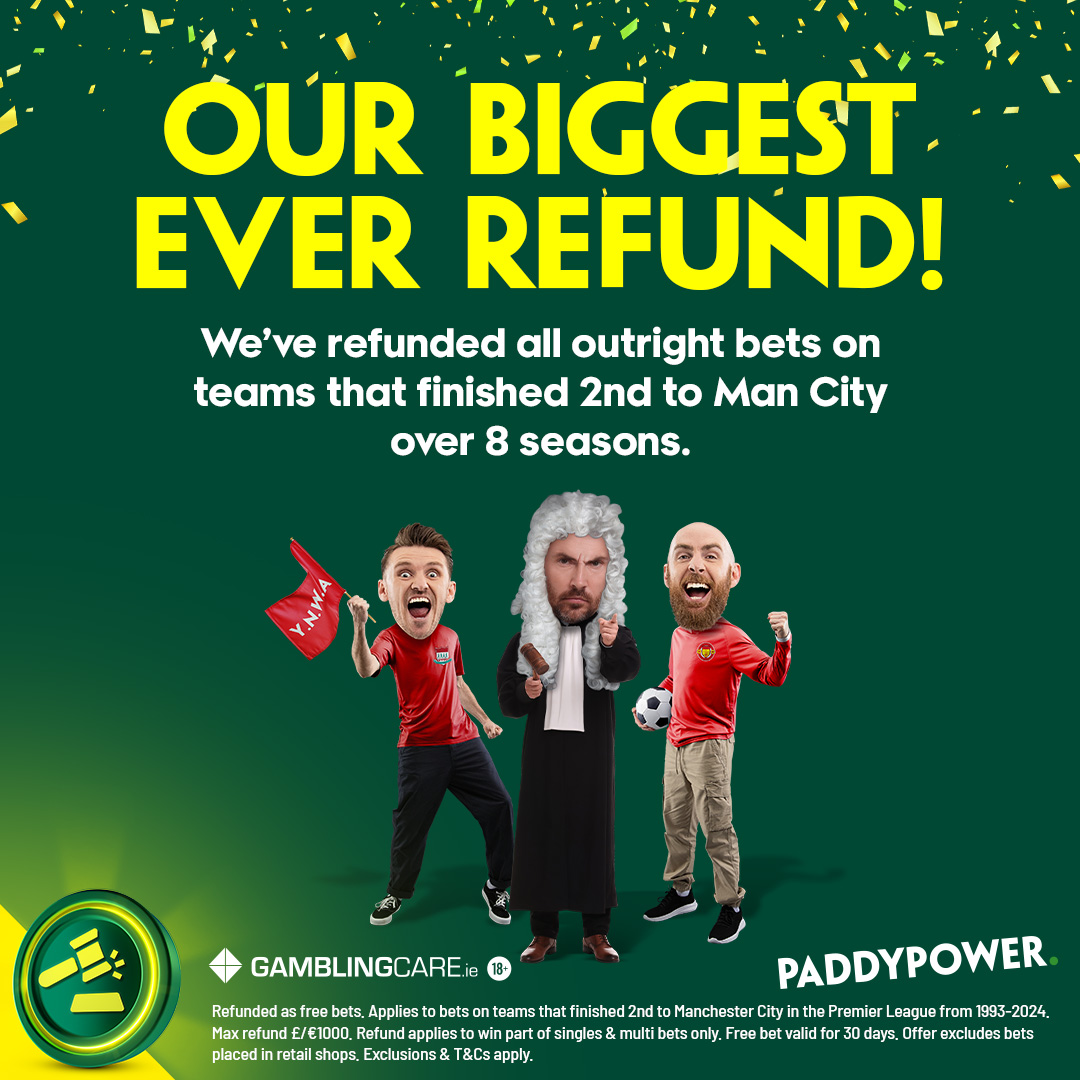 paddypower's tweet photo. 🚨 Biggest Justice Refund Ever 🚨

We are refunding EVERY outright Premier League winner bet that came second to Man City since 2011/12:

Man Utd:  11/12, 17/18,20/21
Liverpool:  13/14, 18/19, 21/22
Arsenal:  22/23, 23/24

18+ GambleAware | T&amp;Cs apply https://t.co/jxrn9bm8ni