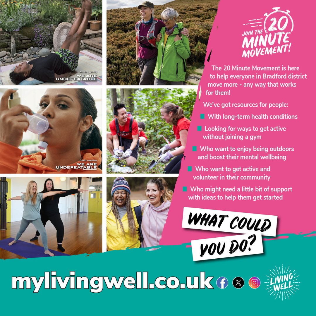 Bingley Bubble Community Partnership (@bingleybubblecp) on Twitter photo 🏃🚶💃🕺🧘🏊🚴
Living with a health condition can make activity challenging, how you feel can change daily. If you're doing stretches or getting up during the adverts - a little goes a long way. Find ideas here mylivingwell.co.uk/20-minute-move…
#20MinMove #WeAreUndefeatable <a href="/MyLivingWell1/">My Living Well</a> 🏃🚶💃🕺🧘🏊🚴
Living with a health condition can make activity challenging, how you feel can change daily. If you're doing stretches or getting up during the adverts - a little goes a long way. Find ideas here mylivingwell.co.uk/20-minute-move…
#20MinMove #WeAreUndefeatable <a href="/MyLivingWell1/">My Living Well</a>