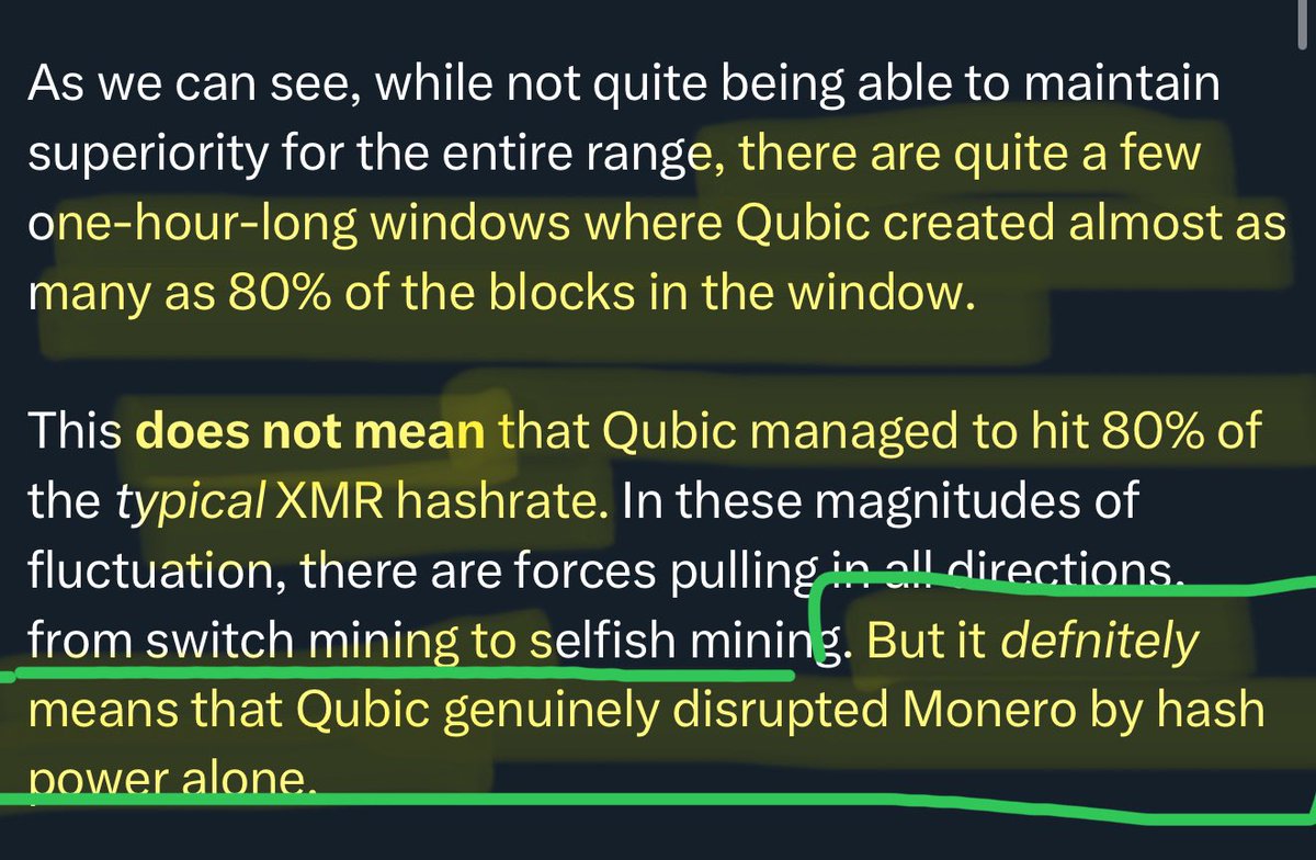 Good job <a href="/c___f___b/">Come-from-Beyond</a> for contracting <a href="/DesheShai/">Shai ❤️ Deshe 💜 Wyborski 💙 (大胡子) @ deshe.kas</a> to provide a truly unbiased review of what occurred between $QUBIC &amp; $XMR.

The Result?

Qubic ($300m mc) succeeded in a '51% attack' of the Monero Network ($6 billion MC).

This is just yet another reason to add for why I have had