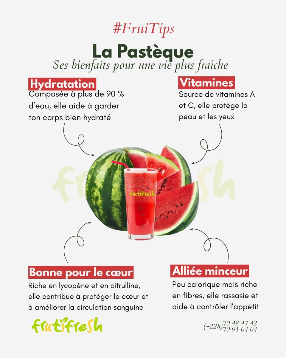 FrutifreshT's tweet photo. Chère Fruitland ! Dans notre rubrique #FruiTips, on met à l’honneur un fruit gorgé de soleil et d’eau : la pastèque ! 🍉😋👉🏾 Le saviez-vous ?
En plus d’être rafraîchissante et délicieuse, la pastèque est pleine de bienfaits :
✅Composée à plus de 90 % d’eau,...👇🏿
1/4
#TgTwittos https://t.co/9aB9EF34K4