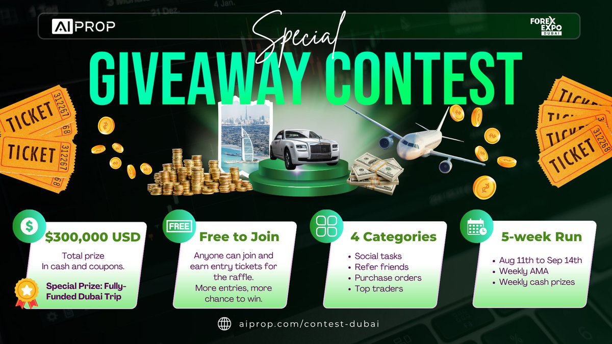 New airdrop: AI Prop Total Reward: $300K worth of cash & Dubai trip Rate  Winners: For Everyone & 1 Grand Lucky winner Distribution: 20th September  Airdrop Link: https://t.co/gnjAjM427x 🔹Go to the