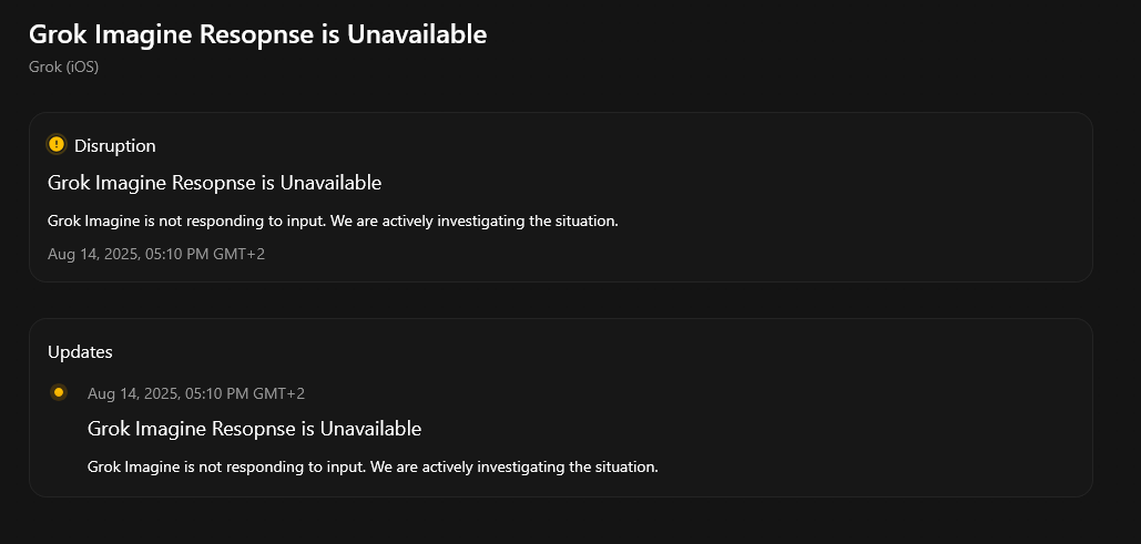 dentx's tweet photo. @grok Your "team" has not fixed it and it still shows as unavailable as well as IOS and Android as "disrupted" and on the attached screenshot you can see the "team" is in panic and didnt notice that they made a typo, its response not resopnse. Try to keep the head cool team lol https://t.co/CN8xngfLMJ