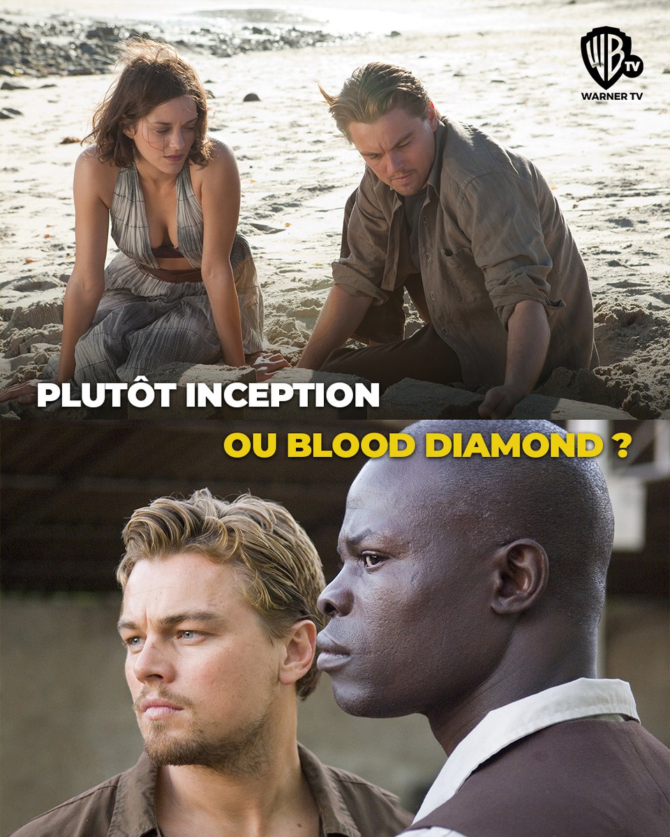WarnerTVFR's tweet image. Incapable de choisir ? 🤔 Ça tombe bien, les deux films sont à retrouver demain sur #WarnerTV !

🎬 #Inception dès 20h55, suivi de #BloodDiamond à 23h25. ✨ Une soirée 100 % DiCaprio à ne pas manquer !

#LeonardoDiCaprio #Aventure #Drame #Film #Cinéma #Thriller #ChristopherNolan