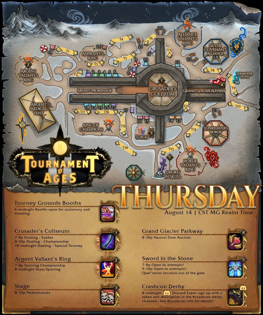 ToA_Warcraft's tweet photo. The schedule for today! #toa2025 #tournamentofages #worldofwarcraft #pvp #charity #blessingsinabackpack #moonguard #wyrmrestaccord https://t.co/CXDiG539Io