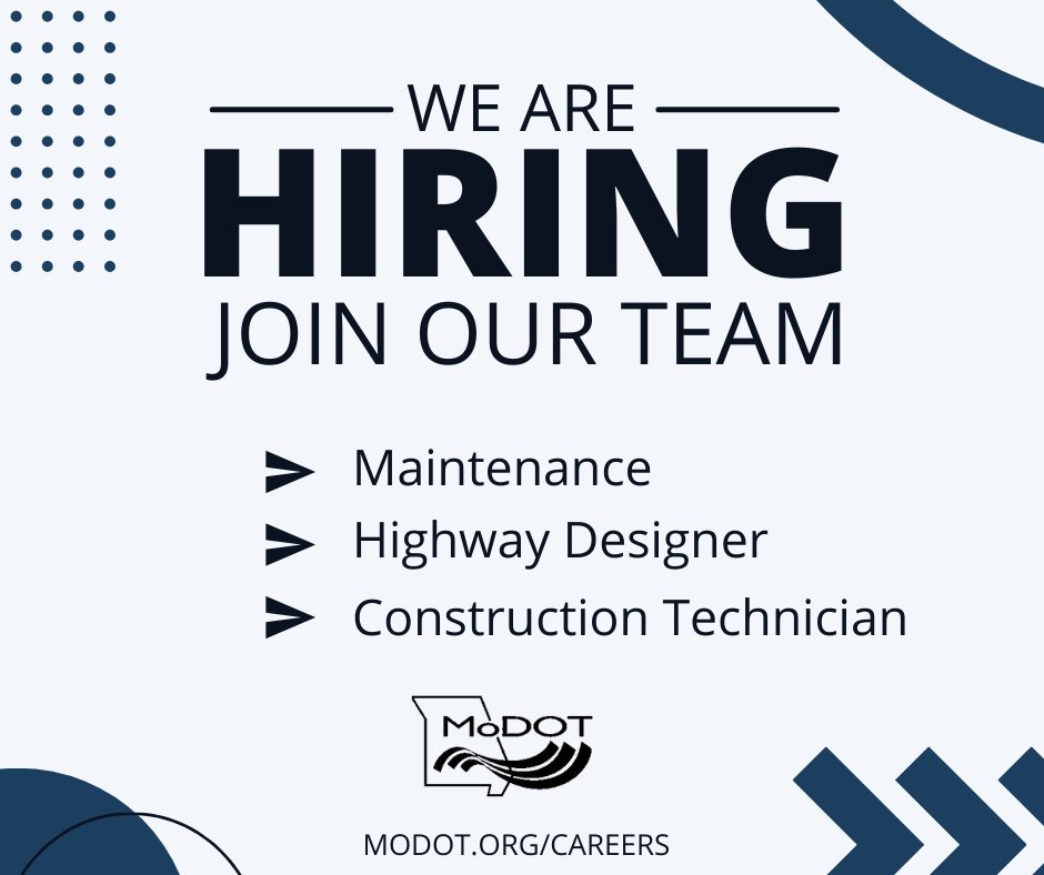 SW MoDOT is hiring:

Maintenance Worker #Bolivar
Maintenance Crew Leader #Republic
Highway Designer #Springfield #Joplin
Transportation Project Designer #Springfield #Joplin
Construction Tech #Springfield

If this is you, apply online at modot.org/careers  #MoDOTSW