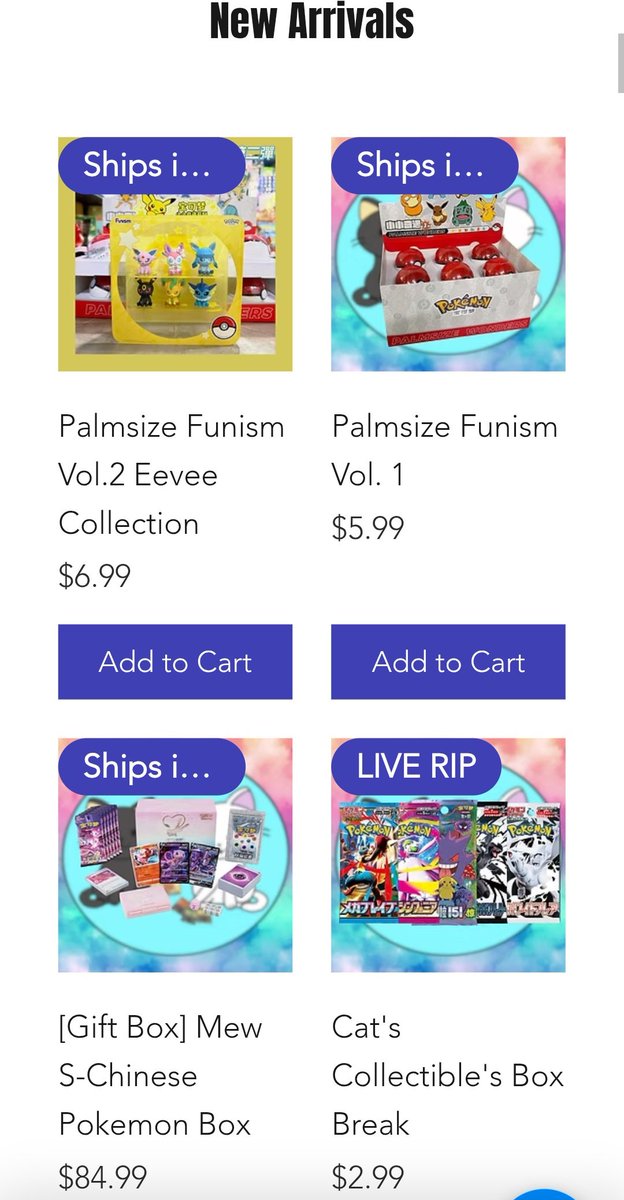 PokemonTCGIntel's tweet photo. Huge restock on Cat's Collectibles TCG:

Mega Brave ($94.99)
Mega Symphonia ($79.99)
Metal Blind box ($26.99)
Funism Eevee figure ($17.99)

NEW ITEMS: 
Mew Chinese ETB ($84.99)
Palm size VOL 1 ($5.99)
Palm size VOL 2 Eevees! ($6.99)

https://t.co/R5fPFCCMhv
#ad https://t.co/WGgSGskzqA