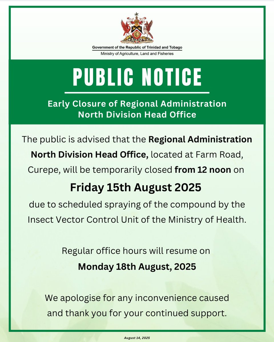 maftt_'s tweet image. PUBLIC NOTICE: Early Closure of Regional Administration North Division Head Office from 12 noon on August 15, 2025 due to scheduled spraying of the compound.

Regular office hours will resume on August 18, 2025.

#MALF #PublicNotice #RAN #RegionalAdministrationNorth