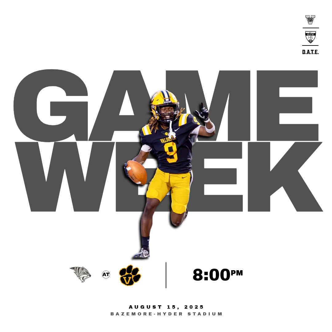 🚨GAME WEEK ‼️🚨

Valdosta vs Tucker tommorow night, 8:00pm @ Bazemore-Hyder Stadium!! #GoCats #DATE