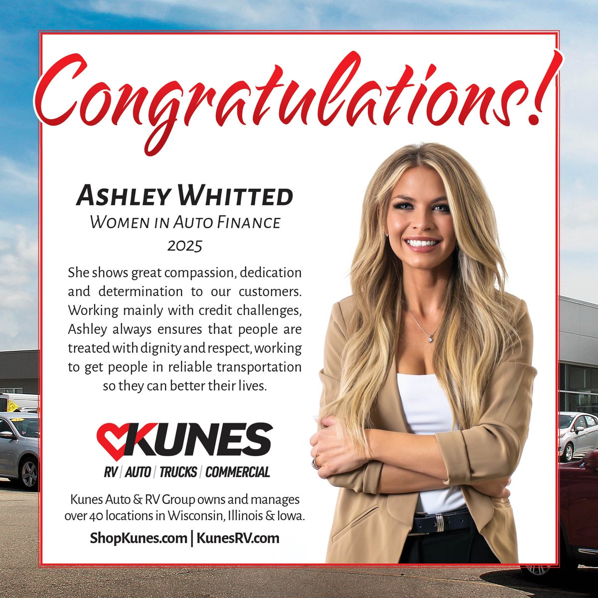 KunesAutoGroup's tweet photo. 👏 Huge congrats to Ashley Whitted, named to the 2025 Women in Auto Finance class by @AutoFinJournal! She’s making a real impact &amp; will be honored this fall at #UsedCarWeek. 

#KunesAuto #WomenInAutoFinance #Leadership #AutoFinance #TeamKunes https://t.co/UOqHyNWluO