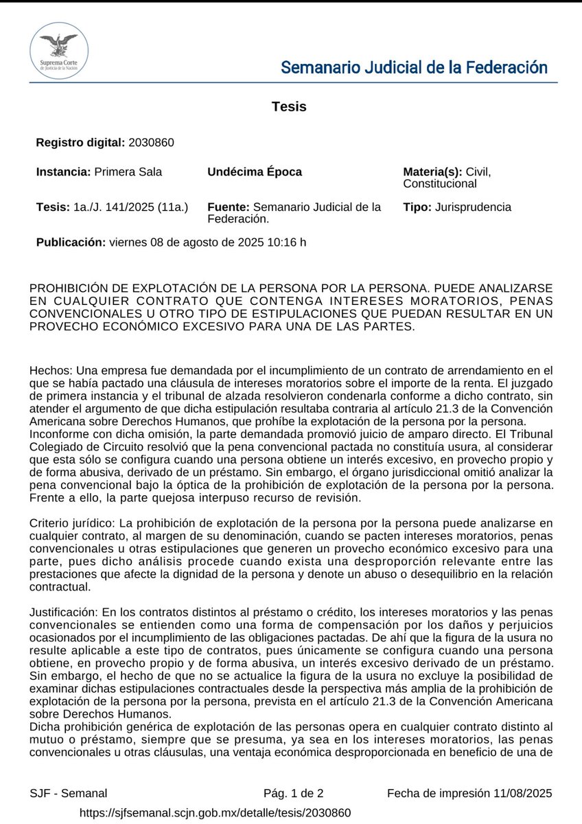 erik_ortuno's tweet photo. 🚨⚖️ #AlertaLegal | La #SCJN establece que cláusulas penales, intereses moratorios u otras condiciones que generen 💰 beneficio económico desproporcionado y afecten la dignidad de una persona pueden ser inválidas 📜 (Reg. 2030860 – Vigente desde 11/08/2025)

💡 Ejemplo: Si tu contrato exige una multa altísima por retraso o incumplimiento, 📉 podría anularse por considerarse explotación de la persona por la persona.

✅ Este criterio protege la dignidad y fomenta el equilibrio contractual.
🔍 Revisa tus contratos y evita riesgos legales o demandas innecesarias.

📌 Si enfrentas un juicio que involucra este tipo de cláusulas, ofrezco defensa fiscal, peritajes contables y de auditoría para respaldar tu caso.

#Derecho #Contratos #Empresas #Legal #Jurídico #SCJN #CláusulasPenales #Compliance #Negocios #México #AsesoríaLegal #DefensaFiscal #PeritajeContable