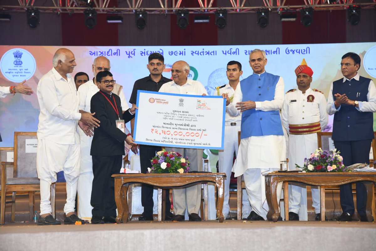 CMOGuj's tweet photo. માનનીય રાજ્યપાલ શ્રી આચાર્ય દેવવ્રતના અધ્યક્ષસ્થાને તેમજ મુખ્યમંત્રી શ્રી ભૂપેન્દ્રભાઈ પટેલની ગરિમામય ઉપસ્થિતિમાં 79મા સ્વાતંત્ર્ય પર્વની પૂર્વસંધ્યાએ રાજ્યકક્ષાની ઉજવણીના ભાગરૂપે પોરબંદર ખાતે કેન્દ્રીય મંત્રી શ્રી મનસુખભાઈ માંડવીયા તથા અન્ય મહાનુભાવોની ઉપસ્થિતિમાં ભવ્ય સાંસ્કૃતિક કાર્યક્રમનું આયોજન કરવામાં આવ્યું હતું.

મહાનુભાવોના વરદ્હસ્તે આ અવસરે પોરબંદર જિલ્લામાં કુલ અંદાજે ₹175 કરોડના વિવિધ વિકાસલક્ષી કાર્યોના લોકાર્પણ અને ખાતમુહૂર્ત સંપન્ન કરવામાં આવ્યા હતા. આ ઉપરાંત, પોરબંદર નગરપાલિકા, પોરબંદર જિલ્લાના શહેરી તેમજ ગ્રામ્ય વિસ્તારોમાં વિકાસ કાર્યો માટે કુલ ₹7.5 કરોડની ફાળવણી પણ કરવામાં આવી હતી.