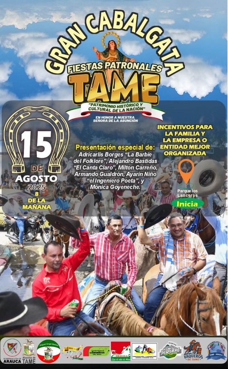 Pasión Ganadera-PLARAUCA (@plarauca) on Twitter photo 𝗚𝗿𝗮𝗻 𝗰𝗮𝗯𝗮𝗹𝗴𝗮𝘁𝗮 #𝗧𝗮𝗺𝗲 📷
Este viernes 15 de agosto, dentro del recorrido del Desfile de Colonias, disfrutaremos de la Gran Cabalgata. <a href="/Fedegan/">FEDEGAN</a> <a href="/jflafaurie/">José Félix Lafaurie</a> <a href="/PL_TAME/">Tame Pasión Ganadera</a> <a href="/ubate_pl/">PL Ubaté</a> <a href="/PlSaravena/">Proyecto Local Saravena, pasión ganadera</a> #FIESTASDETAME 𝗚𝗿𝗮𝗻 𝗰𝗮𝗯𝗮𝗹𝗴𝗮𝘁𝗮 #𝗧𝗮𝗺𝗲 📷
Este viernes 15 de agosto, dentro del recorrido del Desfile de Colonias, disfrutaremos de la Gran Cabalgata. <a href="/Fedegan/">FEDEGAN</a> <a href="/jflafaurie/">José Félix Lafaurie</a> <a href="/PL_TAME/">Tame Pasión Ganadera</a> <a href="/ubate_pl/">PL Ubaté</a> <a href="/PlSaravena/">Proyecto Local Saravena, pasión ganadera</a> #FIESTASDETAME