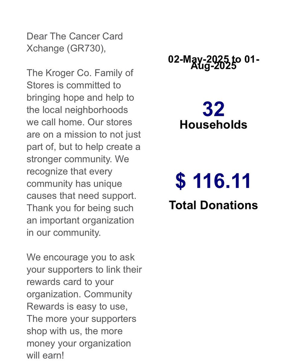 Still a simple way to support the work of The Cancer Card Xchange to brighten the day of people facing cancer. 

Link your Kroger Shoppers Card today.
❤️