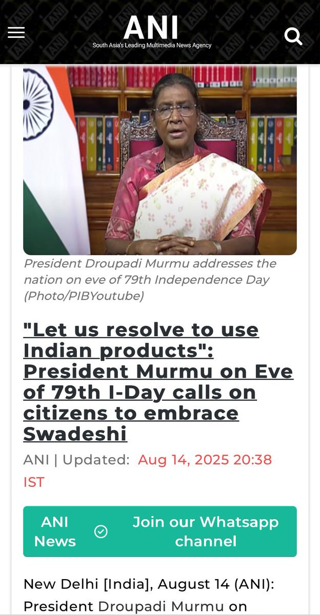 ASHWANI MAHAJAN (@ashwani_mahajan) on Twitter photo After prime minister’s clarion call for Swadeshi now, it is <a href="/rashtrapatibhvn/">President of India</a> call for Swadeshi, "Let us resolve to use Indian products": President Murmu on Eve of 79th I-Day calls on citizens to embrace Swadeshi
Read more At:
aninews.in/news/national/… After prime minister’s clarion call for Swadeshi now, it is <a href="/rashtrapatibhvn/">President of India</a> call for Swadeshi, "Let us resolve to use Indian products": President Murmu on Eve of 79th I-Day calls on citizens to embrace Swadeshi
Read more At:
aninews.in/news/national/…