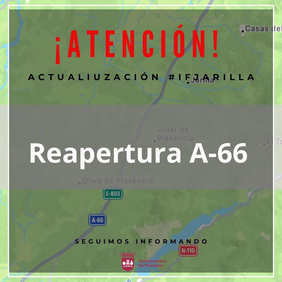 Ayto_Plasencia's tweet photo. 🚗💨 La A-66 reabre al tráfico tras mejorar la visibilidad.
La N 630 permanece ese cortada
🔥 Seguimos atentos a posibles cortes por el incendio de #Jarilla.
Conduce con precaución y sigue las indicaciones de los equipos de emergencia.
#Incendios #Extremadura #A66 #SeguridadVial https://t.co/p3O239u7wg