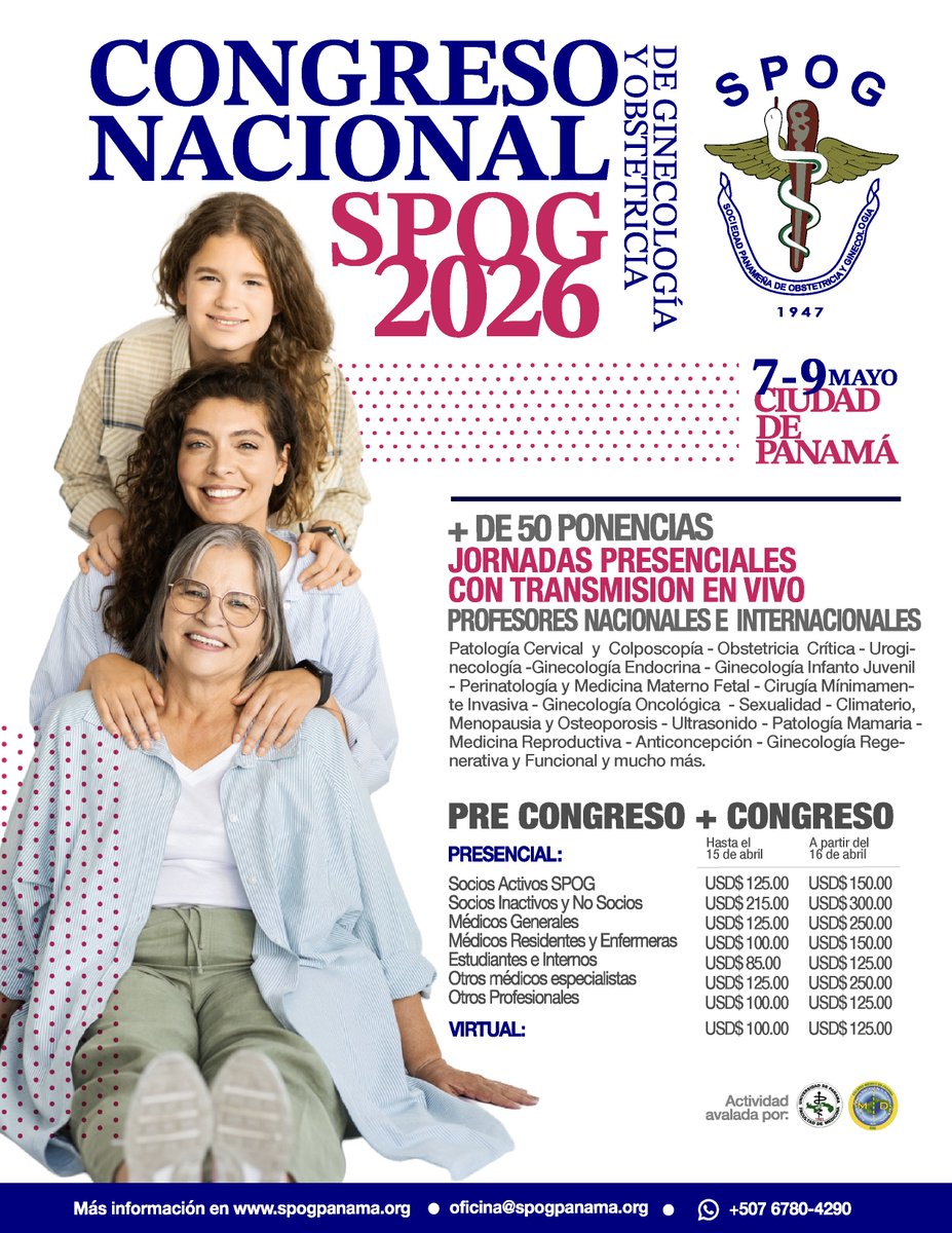 Reserva la fecha! Desde ya te esperamos en el Congreso Nacional de Ginecología y Obstetricia SPOG 2026, del 7 al 9 de mayo. Locación pendiente por confirmar.