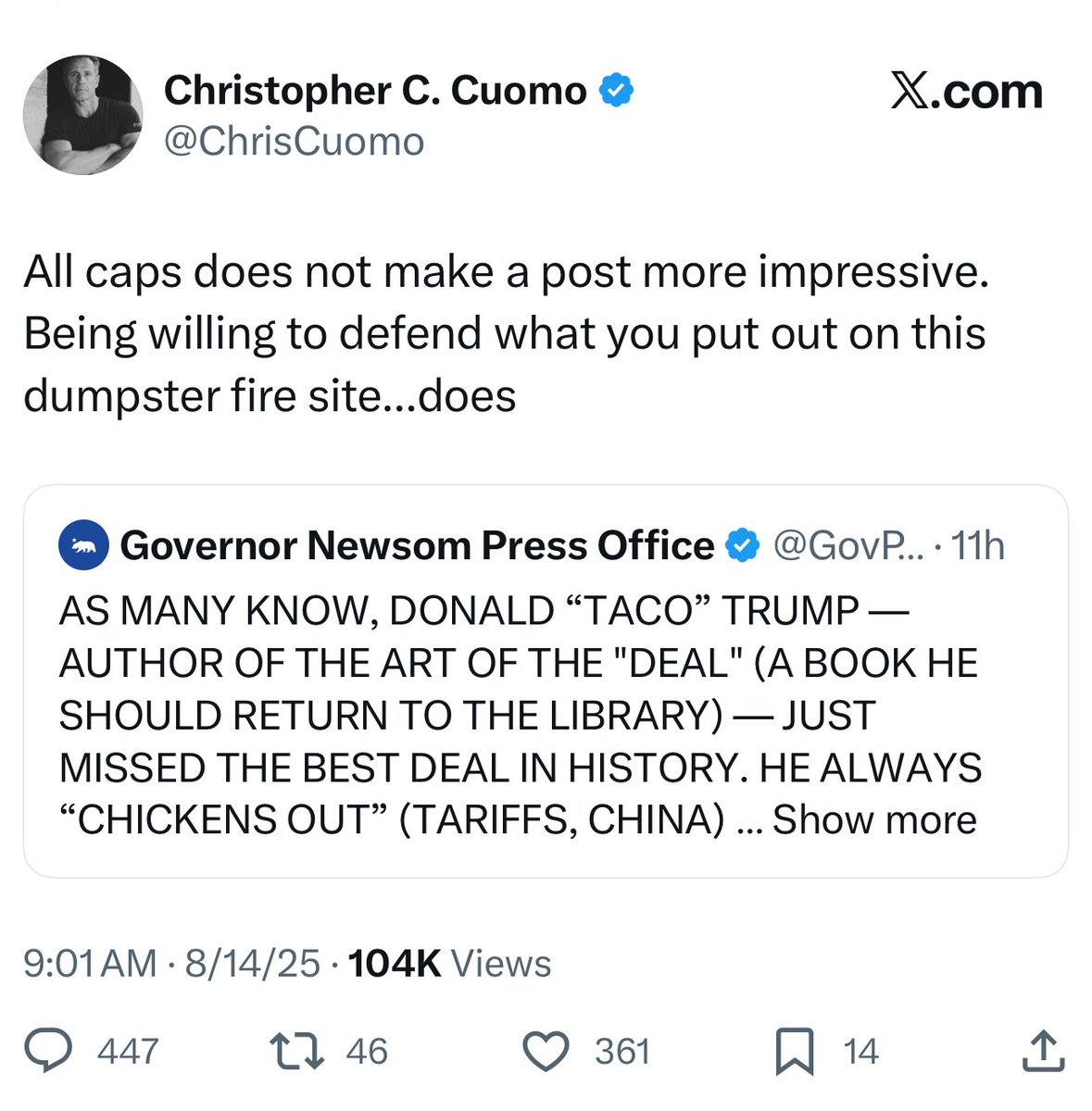 The Tennessee Holler (@thetnholler) on Twitter photo CHRIS CUOMO HAS NO SENSE OF HUMOR. THANK YOU FOR YOUR ATTENTION TO THIS MATTER. <a href="/ChrisCuomo/">Christopher C. Cuomo</a> <a href="/GovPressOffice/">Governor Newsom Press Office</a> CHRIS CUOMO HAS NO SENSE OF HUMOR. THANK YOU FOR YOUR ATTENTION TO THIS MATTER. <a href="/ChrisCuomo/">Christopher C. Cuomo</a> <a href="/GovPressOffice/">Governor Newsom Press Office</a>