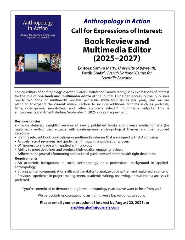 📢 Anthropology in Action is seeking a book review and multimedia editor!
⏰ Deadline: 22 August 2025
See full details: buff.ly/2Nk31ap