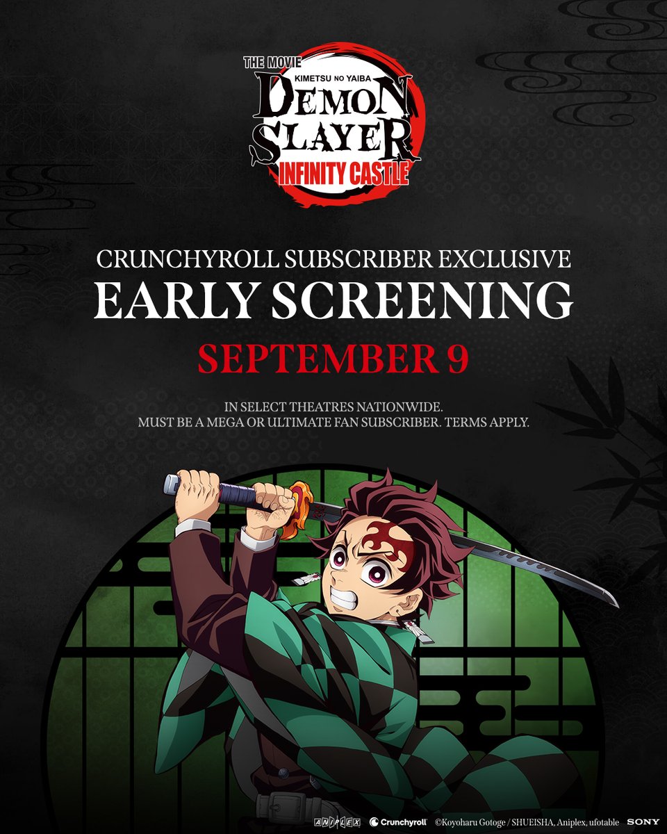 Crunchyroll's tweet image. Crunchyroll is partnering with Fandango to bring US Mega & Ultimate Fan subscribers access to exclusive early screenings of Demon Slayer: Kimetsu no Yaiba Infinity Castle! @DemonSlayerUSA
🍿 LEARN MORE: got.cr/DSICFandango-x