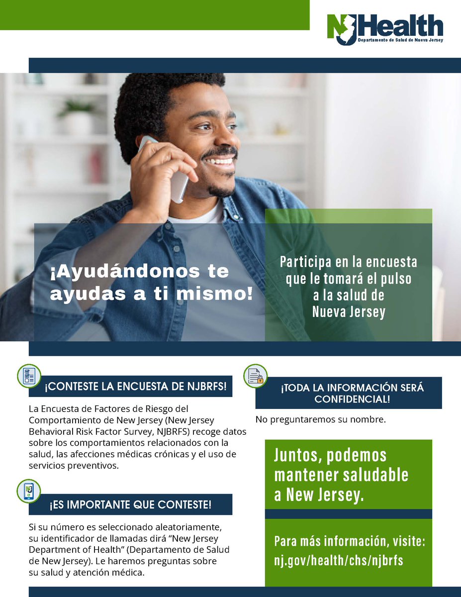 📞 ¡Tu voz cuenta! Si ves una llamada del Dept. de Salud de NJ, contesta y participa en la encuesta NJBRFS. Tus respuestas son confidenciales y ayudan a mejorar la salud en NJ.
🔗 nj.gov/health/chs/njb…
#SaludNJ #NJBRFS
