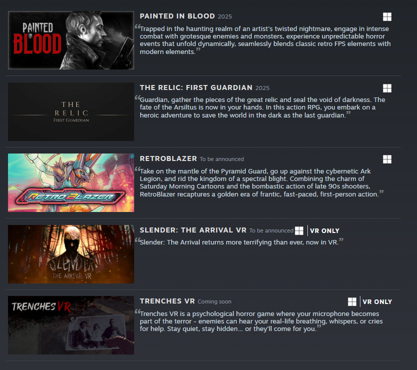 PerpGames's tweet photo. Some of our upcoming games... Did you know we also love Retro FPS games? ๐ค
Check out our Steam page for our upcoming PC only titles like #PaintedinBlood , #RETCHID , & #Retroblazer ๐ฅ
https://t.co/WUL0Zr8MfE https://t.co/Ns21P8arde