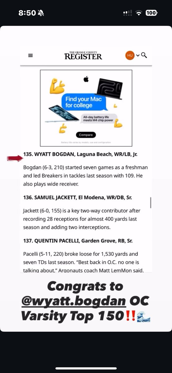 Wyatt Bogdan 6’3 210 lbs 2027 (@wyatt_bogdan) on Twitter photo Blessed to be ranked by OC register top 150! Blessed to be ranked by OC register top 150!