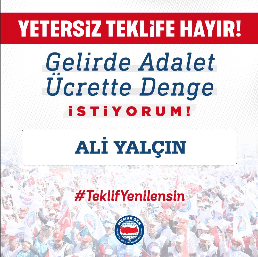 YARIN TEKLİF GELMELİ
MEMURUN YÜZÜ GÜLMELİ!

Alım gücünün düştüğü, enflasyonun arttığı, sabit gelirlinin ezildiği dönem sona ersin. Tahmini rakamlara göre değil piyasa gerçeklerine göre zam verilsin. 

Kamu İşvereni bir an önce yeni teklifi vermeli, kamu görevlilerinin ve