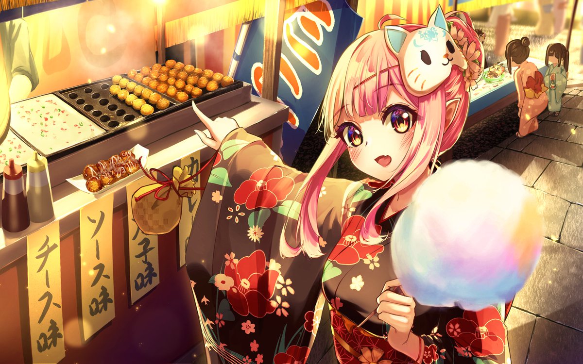 說到夏天
就會想到夏日祭典對吧
這次又偷偷帶拉拉去約會啦
穿著和服的拉拉也太美太可愛了吧(暈
拿著棉花糖(這絕對不是自肥
還望著章魚燒
果然是拉拉(x

偷偷說右上角好像有...www

感謝海棲貓老師畫的圖，和服、面具、背景都畫的超細致超美，還讓我臨時加了右上那隻

#花繪