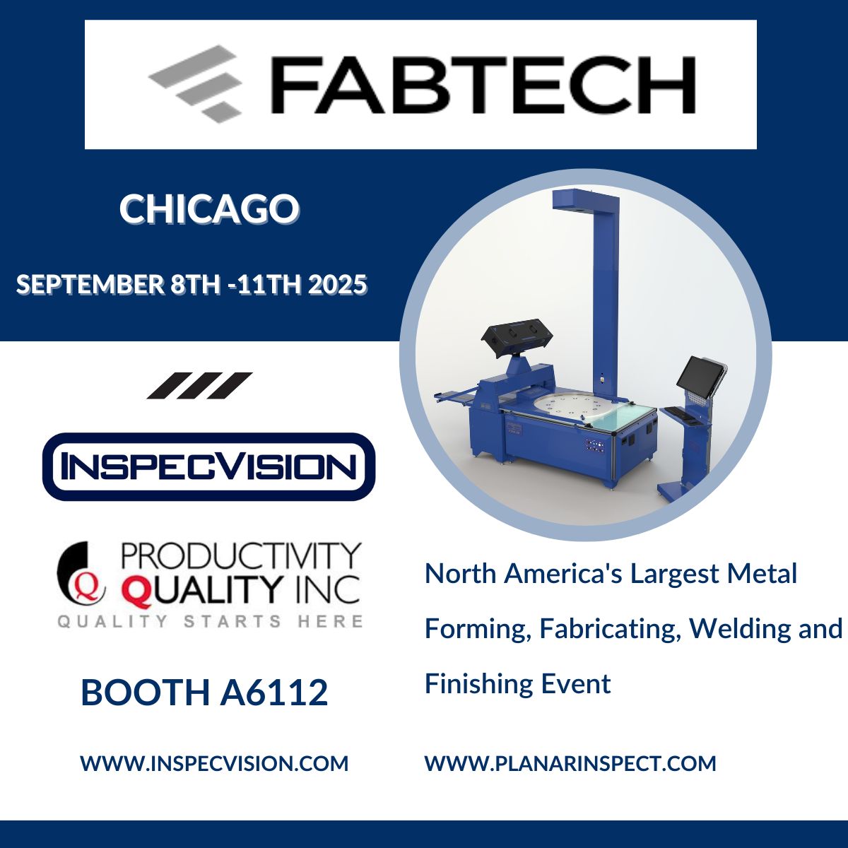 InspecVision's tweet image. Countdown to @FabtechExpo 2025, North America’s biggest event for metal forming, fabricating, welding &amp;amp; finishing is almost here!

We’ll be on-site with live inspections, expert Q&amp;amp;A, and ideas to power up your production!

Register: zurl.co/nmBDg 
#SheetMetal