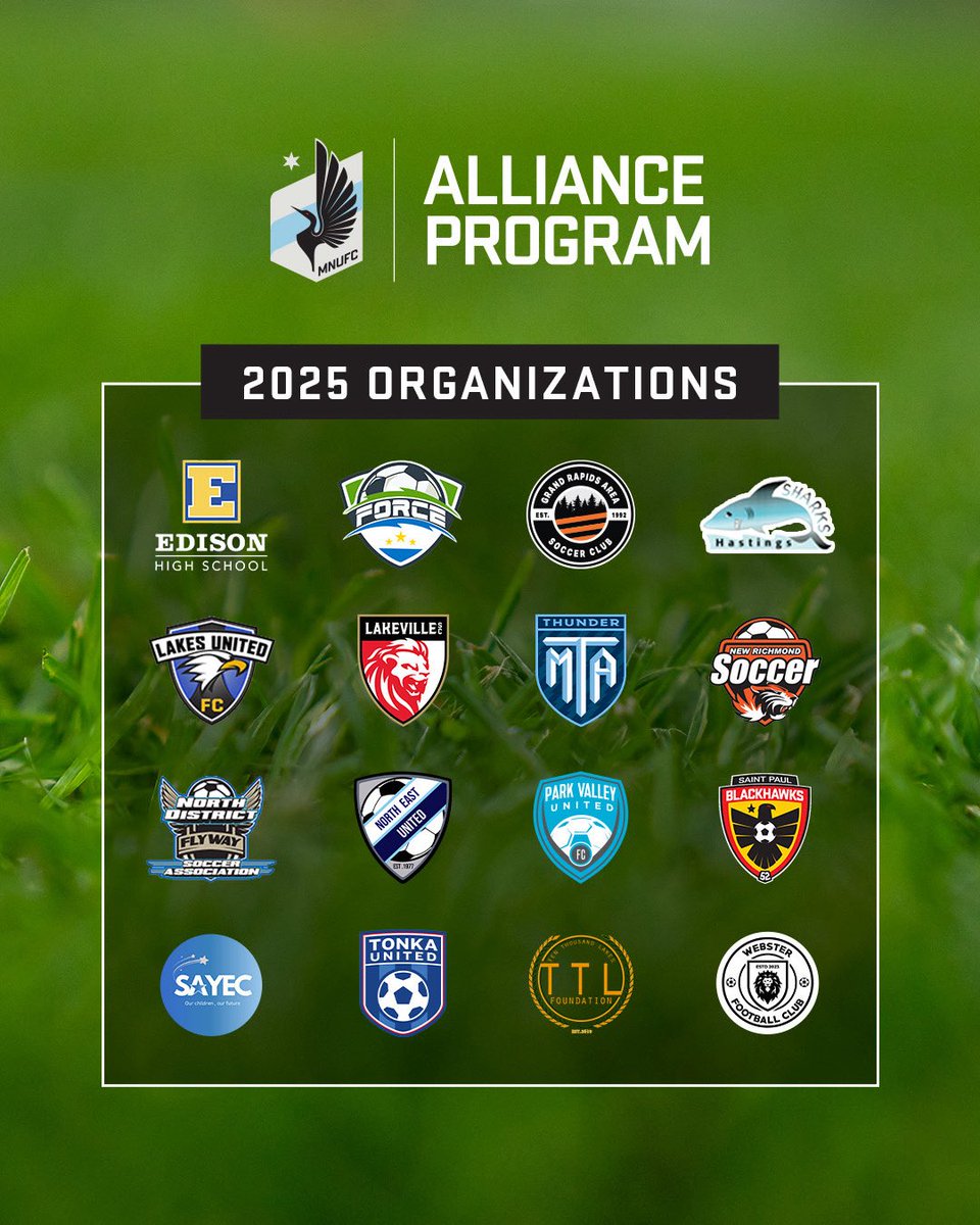 MNUFC_Academy's tweet photo. The club announced today its founding group of Alliance Program members. The Alliance Program is designed to drive the development of soccer in the Upper Midwest through coaching education, collaboration, and community building.

𝙈𝙤𝙧𝙚 » https://t.co/Nt2xz9xcP3

@BrainerdBlast
@BrkwyAcademy
@BVUnitedSC
CC United
@CGU_soccer
@MPS_Edison
@WeAreForceSC
@GRASCMN
@greatriversc
Hastings Sharks
I Got Skills
@karen__fa
Kickers FC
@LakesUnited
@lakevillesoccer
@MNTHUNDACADEMY
@NewRichSoccer 
@FlywayBlueHeron
@NEUnitedSC
@parkvalleyufc
Pitz FC
River Falls Reds FC
@blackhawksoccer
Somali American Youth Enrichment Club
Ten Thousand Lakes Foundation
@TonkaUnited
@TonkaFusionMN
@twincitiesrush
@STMAUnited
Vantage FC
@wavesoccerclub
@waseca_soccer
Webster FC
@WisconsinUnited
