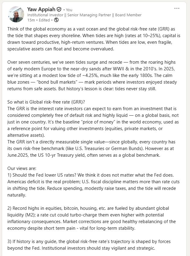 ymappiah's tweet photo. 9/N 3) If history is any guide, the global risk-free rate’s trajectory is shaped by forces beyond the Fed. Institutional investors should stay vigilant and strategic.

#Risks #Bonds #Markets #Economics #Economy #Interestrates #Investing #Finance #Recession #Zinqular @zinqular https://t.co/R8BfCoDNtM
