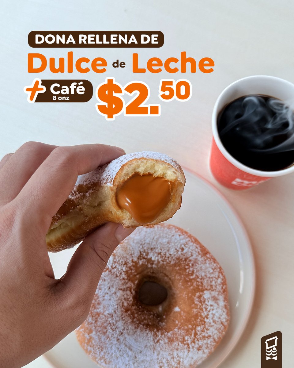 ¡La felicidad cuesta solo $2.50! 😍
Disfruta una dona rellena de dulce de leche + café a cualquier hora del día con el mejor sabor en tu Mister Donut favorito. 🧡🍩