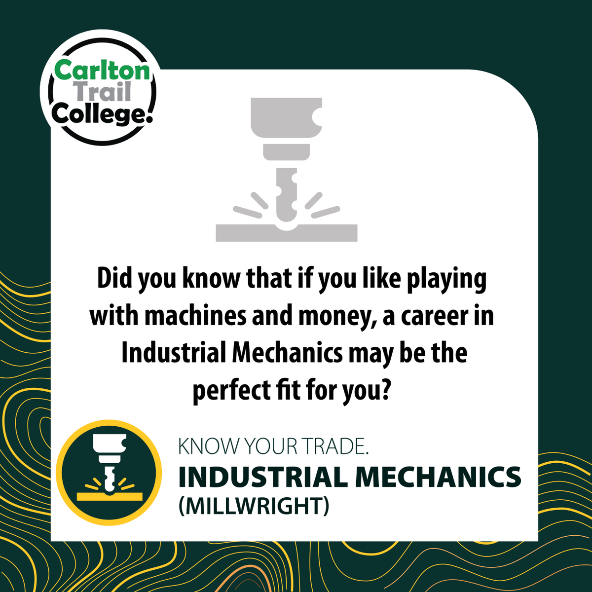 If you like machining and money, look no further! Industrial Mechanics are in-demand across Saskatchewan in many high-paying fields including mining, energy, and manufacturing.
Explore Millwrighting and apply for our winter program:
carltontrailcollege.com/program-course…